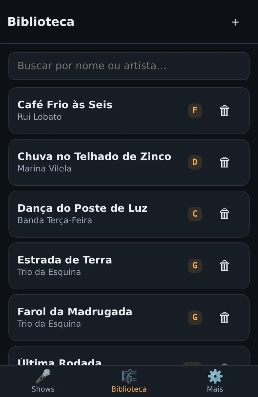 Biblioteca do app com oito músicas em cartões, cada uma com nome, artista e o tom em destaque.