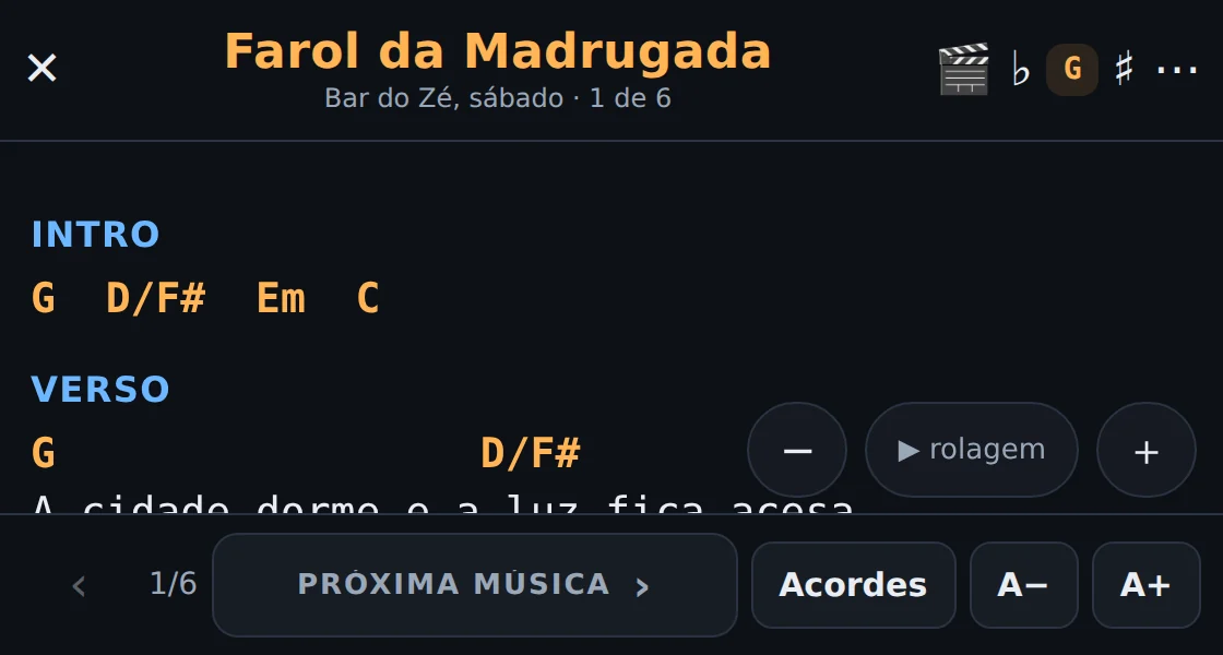 Cifra no tom de sol, com os acordes G, D barra F sustenido e Em.